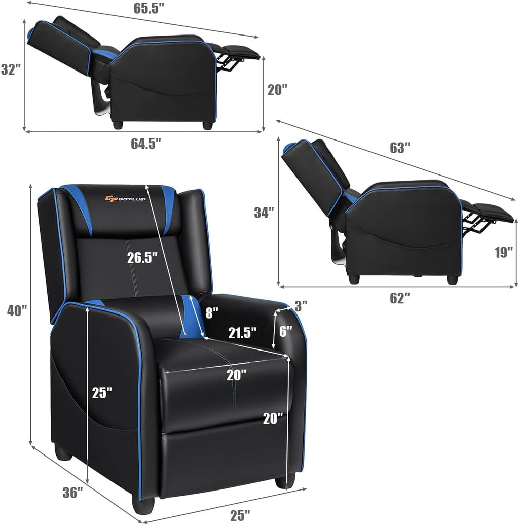 Goplus Massage Gaming Recliner Chair, Racing Style PU Leather Single Recliner Sofa with Footrest, Adjustable Modern Living Room Recliners, Ergonomic Home Theater Recliner Seat (Blue)