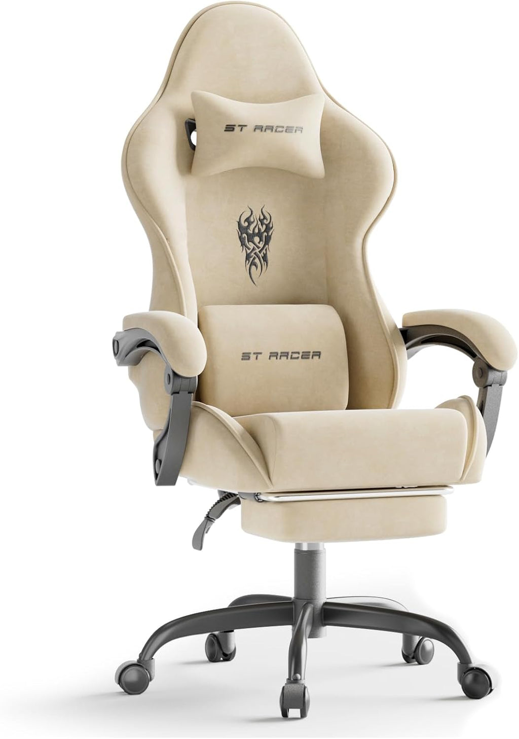 Ferghana Velvet Fabric Gaming Chair, High Back Ergonomic Gamer Chair for Adult, Comfortable Video Game Chair with Footrest and Massage Lumbar Cushion, Racing Reclining Office Computer Desk Chair Beige