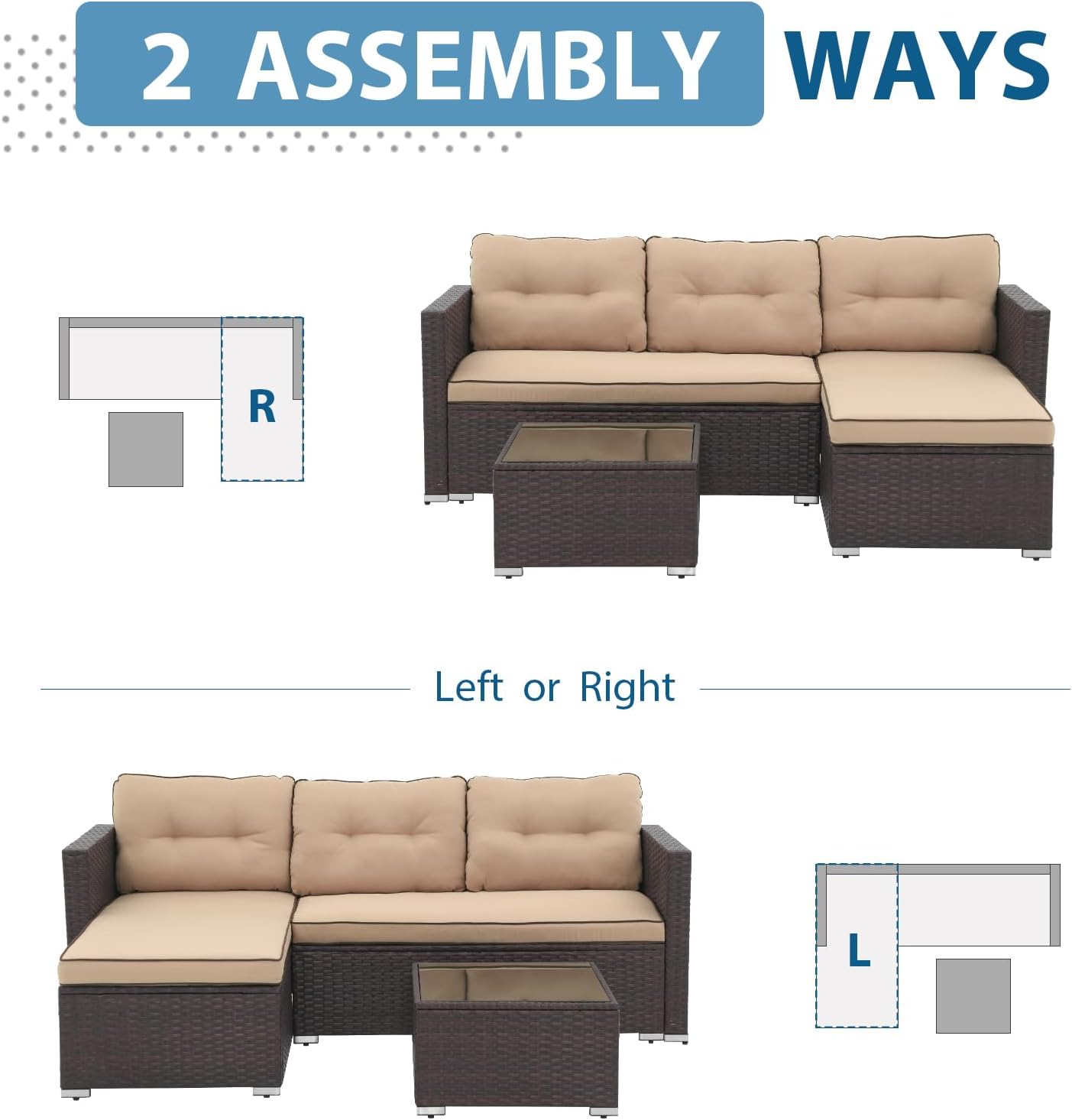 JOIVI Outdoor Patio Furniture Set, Wicker Patio Conversation Set with Tempered Glass Coffee Table, All-Weather Rattan Furniture Small Sectional Sofa Set, L-Shaped Outdoor Seating with Cushions, Brown