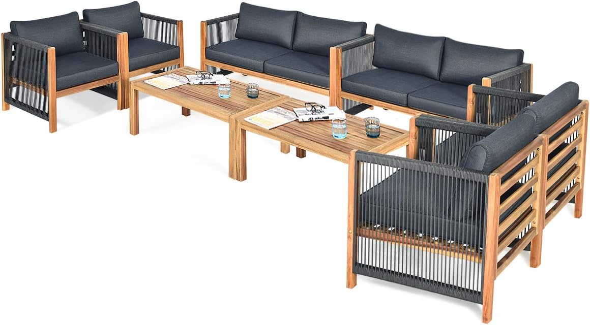 Tangkula Outdoor Wood Furniture Set, Acacia Wood Frame 2 Loveseat Sofa, 4 Single Chairs and 2 Coffee Table, 8 Pieces Conversation Set with Cushions, Garden Balcony Poolside Outdoor Living Set(2, Grey)