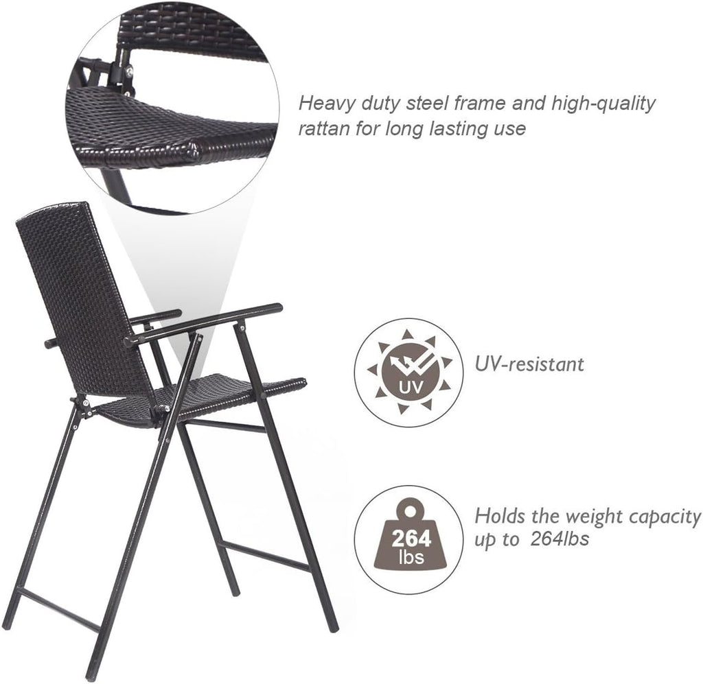 Giantex Set of 4 Folding Wicker Rattan Bar Chairs High Stool with Back Steel Frame Portable Outdoor Indoor UV Resistant Barstools Garden Patio Furniture Set w/Armrests Footrest