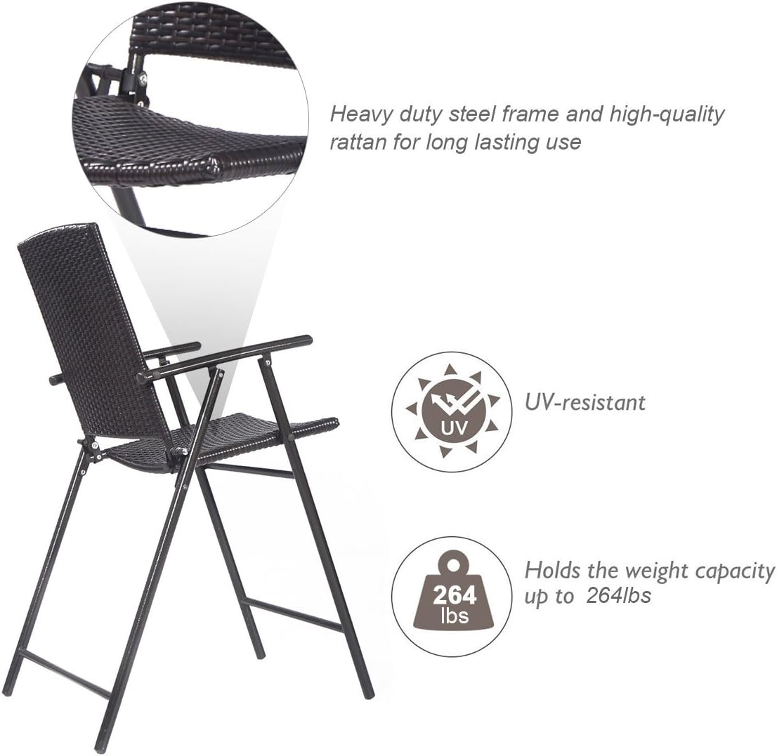 Giantex Set of 4 Folding Wicker Rattan Bar Chairs High Stool with Back Steel Frame Portable Outdoor Indoor UV Resistant Barstools Garden Patio Furniture Set w/Armrests Footrest