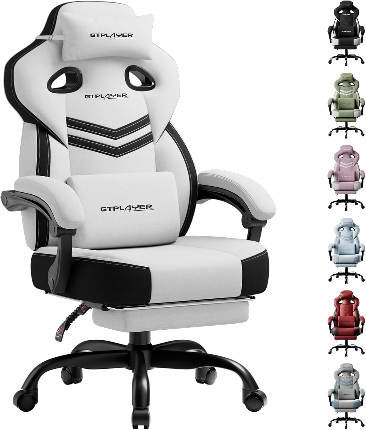 GTPLAYER Gaming Chair, Computer Chair with Footrest and Lumbar Support for Adults, 360°-Swivel Big & Tall Reclining Seat for Office or Gaming (White)