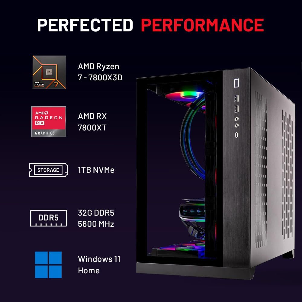 Skytech O11D Gaming PC Desktop, Ryzen 7 7800X3D 4.2 GHz (5GHz Turbo Boost), AMD RX 7800XT 16GB GDDR6, 1TB Gen4 SSD, 32GB DDR5 RAM 5600 RGB, 750W Gold PSU, 360mm ARGB AIO, Wi-Fi, Win 11 Home