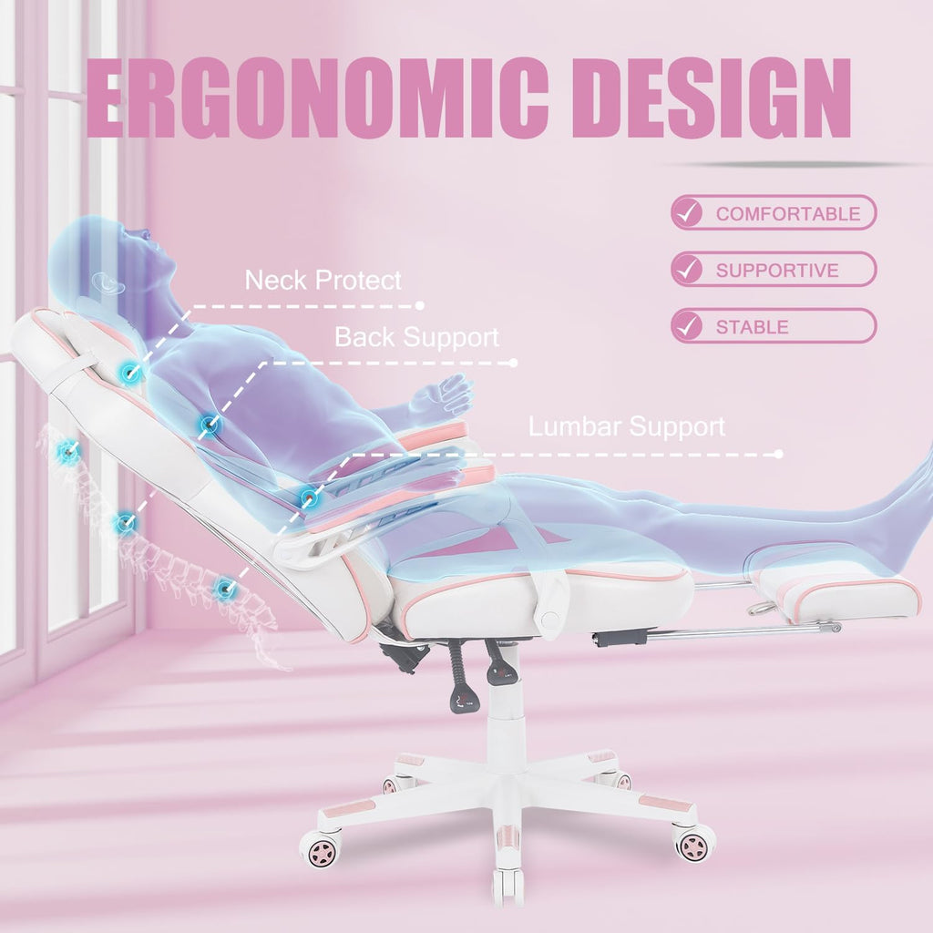 Vonesse Pink Gaming Chair, Big and Tall Gaming Chair with Footrest and Massage, Gaming Chairs for Adults with Lumbar Support, Ergonomic High Back Computer Chair with Pocket Spring Cushion (White/Pink)