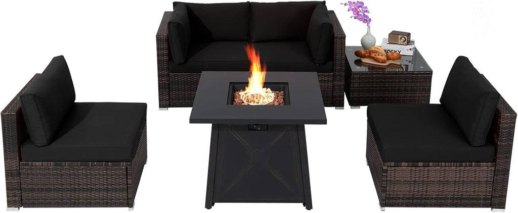 Tangkula 6-Piece Patio Furniture Set with 30' Propane Fire Pit Table, Outdoor PE Wicker Conversation Set with Cushions and Tempered Glass Coffee Table, Gas Fire Pit Table with 50,000 BTU (Black)