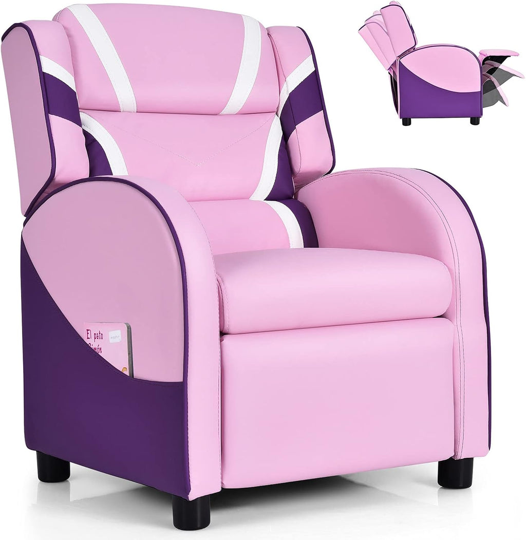 Costzon Kids Recliner, Gaming Recliner Chair w/Footrest, Headrest, Lumbar Support & Side Pockets, Ergonomic Leather Lounge Chair for Living & Gaming Room, Adjustable Recliner Sofa for Boys Girls, Pink