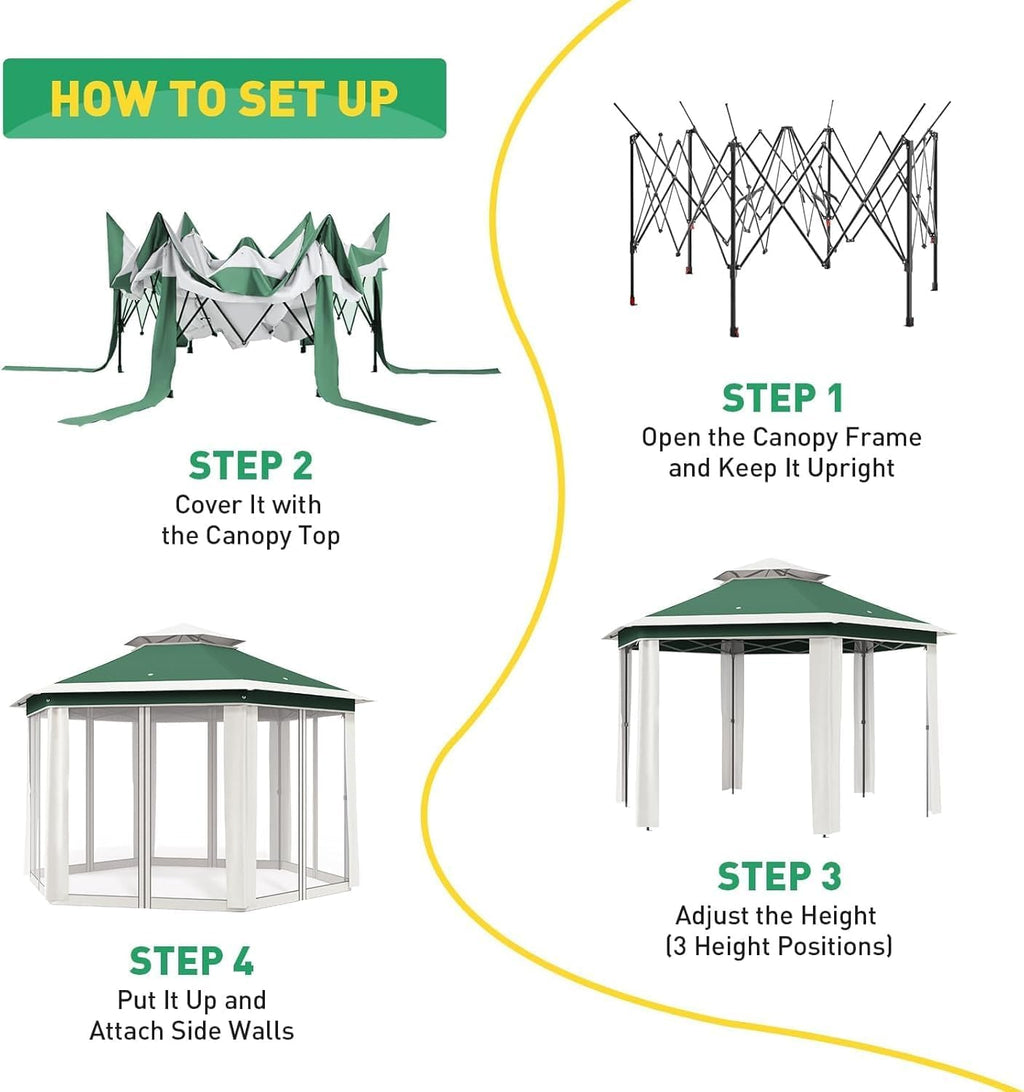 13x13ft Pop Up Gazebo, Outdoor Gazebo with 6 Pieces of Mesh Cloth, Zipper Door & Double Roof, Adjustable Tent Pavilion, UV-Resistant Outdoor Party Tent for Patio, Backyard, Garden (Green with Beige)
