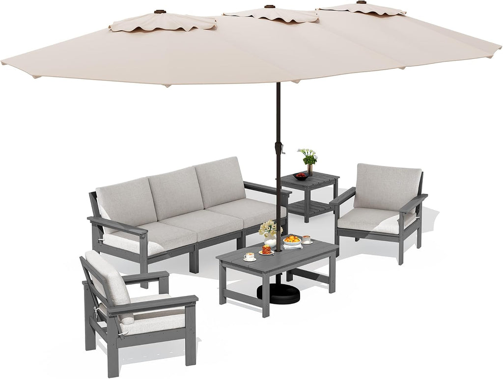 SERWALL HDPE Patio Furniture Set with 15FT Patio Umbrella, 7-piece Outdoor Sectional Sofa Set, All Weather Patio Couch Set for Deck, Gray & Beige(Umbreall Base not Included)