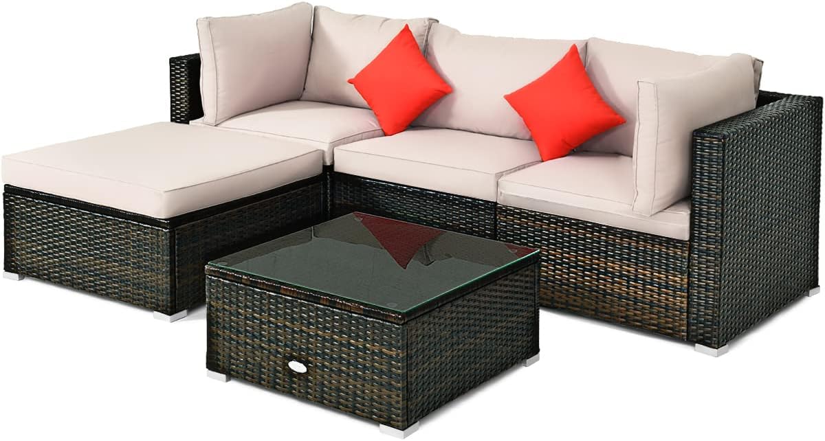 COSTWAY 5-Piece Outdoor Patio Furniture Set, Glass Top Coffee Table and Lounge Sofa with Cushions, PE Rattan Conversation Set for Garden, Deck, Backyard (Beige)