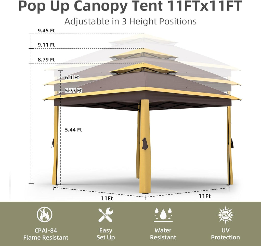 11x11 FT Outdoor Gazebo, Heavy Duty Pavilion With Sturdy Metal Frame & Double Roofs, Patio Shelter With Mosquito Netting, Ideal for Backyard, Garden, Lawn, Deck, Khaki/Brown