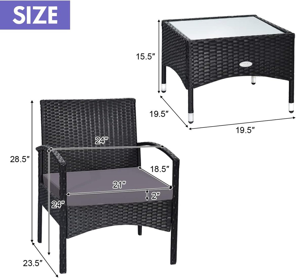 COSTWAY 3 PCS Patio Wicker Conversation Set, PE Rattan Sofa with Tempered Glass Coffee Table, 2 Chairs, 2 Cushions, Outdoor Patio Furniture Set for Yard Porch Bistro Balcony Backyard Pool, Grey