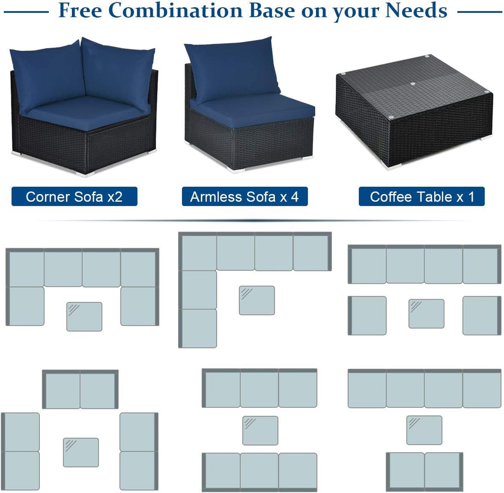 Tangkula 7-Piece Patio Furniture Set, Outdoor Sectional Wicker Sofa with Pillows and Cushions, Conversation Set with Coffee Table & Tea Table for Garden, Lawn (Navy Blue)