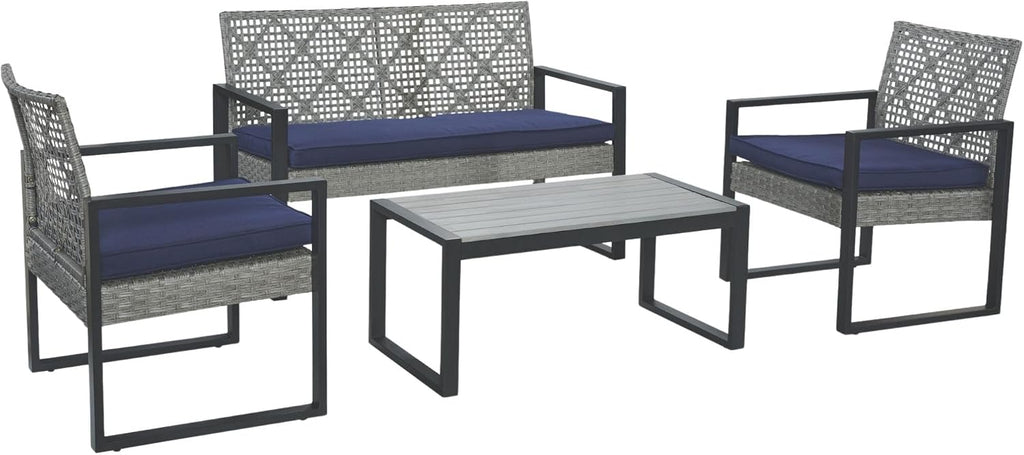 Merax 4 Pcs Patio Furniture Set, Outdoor Acacia Wood Table with 3 Chairs, All-Weather Garden Balcony Backyard Lawn Conversation Set (Blue Cushion and Light Gray Rattan)