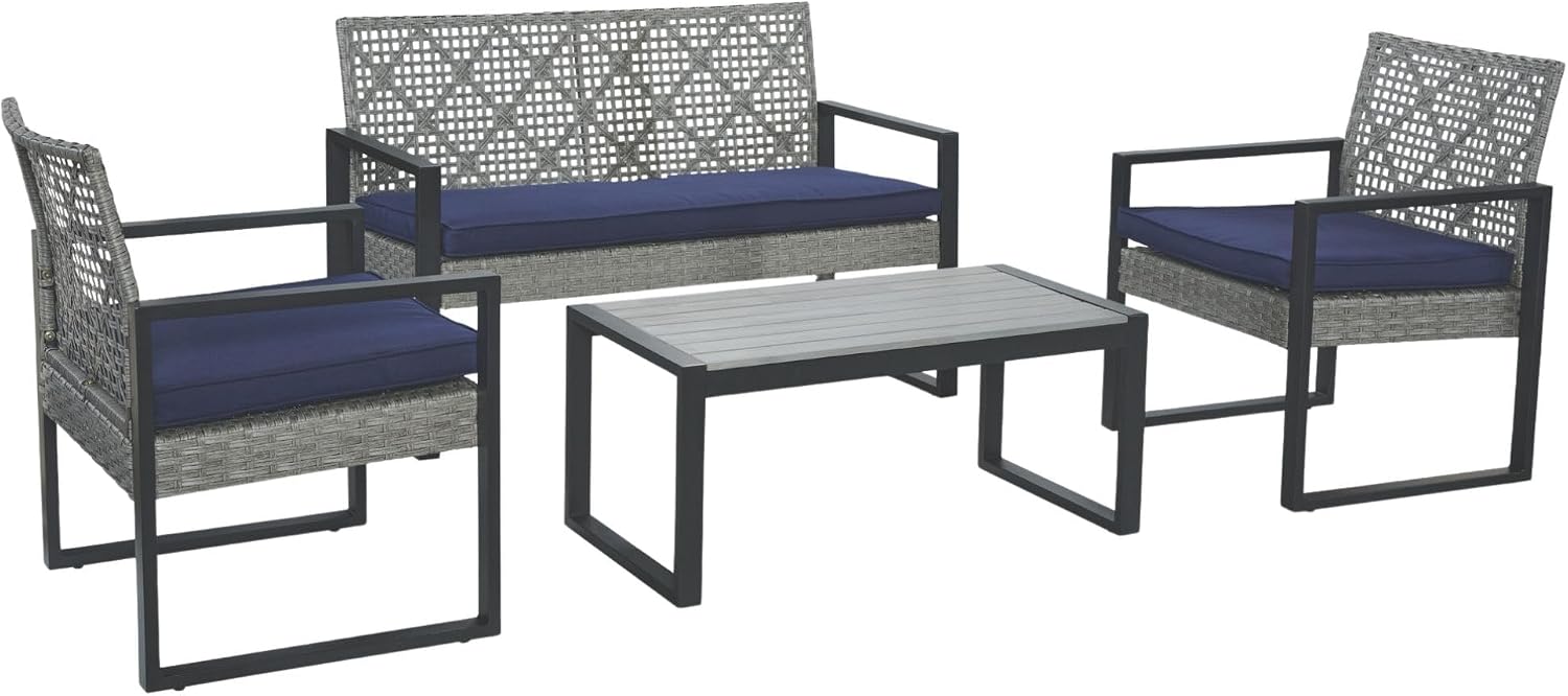 Merax 4 Pcs Patio Furniture Set, Outdoor Acacia Wood Table with 3 Chairs, All-Weather Garden Balcony Backyard Lawn Conversation Set (Blue Cushion and Light Gray Rattan)