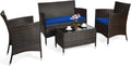 COSTWAY 4PCS Rattan Patio Furniture Set, Outdoor Wicker Rattan Chairs with Coffee Table, Rattan Cushioned Conversation Set for Backyard Balcony Porch Poolside, Navy