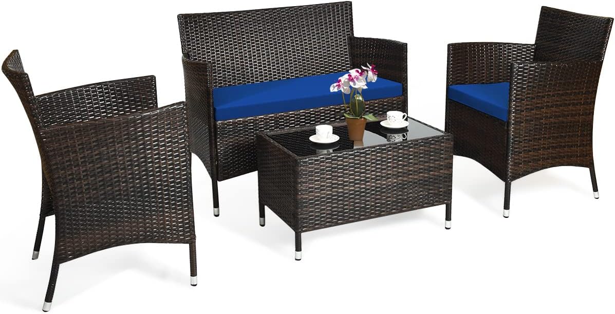 COSTWAY 4PCS Rattan Patio Furniture Set, Outdoor Wicker Rattan Chairs with Coffee Table, Rattan Cushioned Conversation Set for Backyard Balcony Porch Poolside, Navy