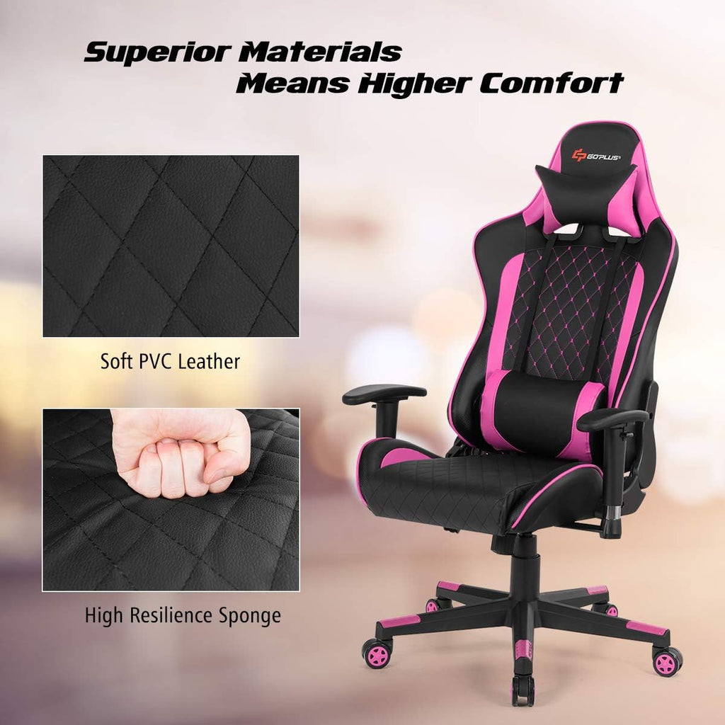 Goplus Massage Gaming Chair, Reclining Backrest Handrails and Seat Height Adjustment Racing Computer Office Chair, Ergonomic High Back Embroidered PU Swivel Game Chair with Headrest and Lumbar Cushion