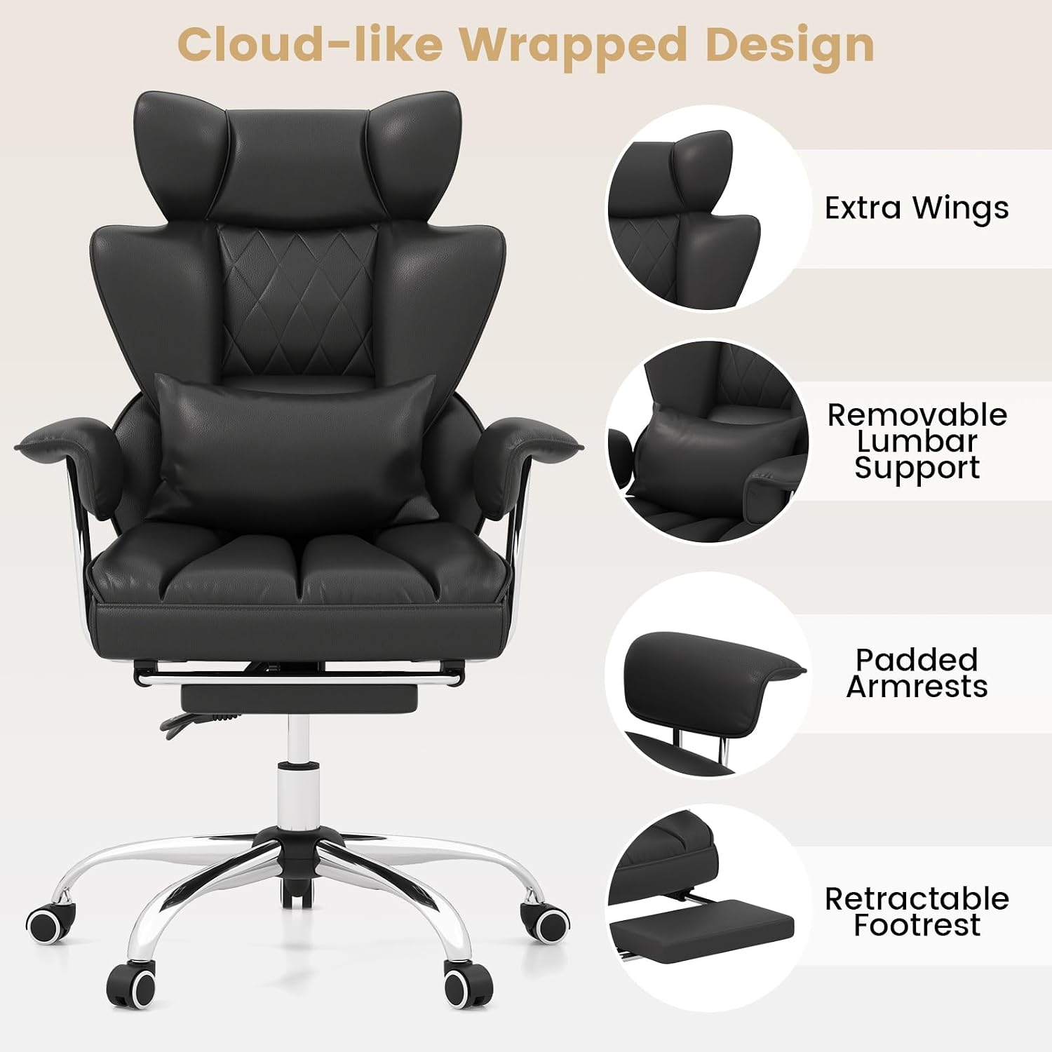 COSTWAY 400 LBS Big and Tall Office Chair, PU Leather Executive Desk Chair w/Retractable Footrest, Reclining Function, Lumbar Support, Ergonomic High Back Home Computer Task Chair (Black)