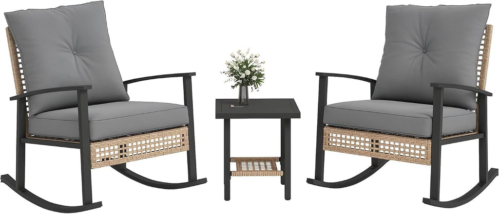 Outsunny 3 Pieces Rocking Wicker Outdoor Bistro Set, Rattan Patio Furniture Set with Coffee Table and Porch Chairs, Button Tufted Cushions for Backyard, Balcony, Garden, Gray