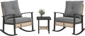 Outsunny 3 Pieces Rocking Wicker Outdoor Bistro Set, Rattan Patio Furniture Set with Coffee Table and Porch Chairs, Button Tufted Cushions for Backyard, Balcony, Garden, Gray