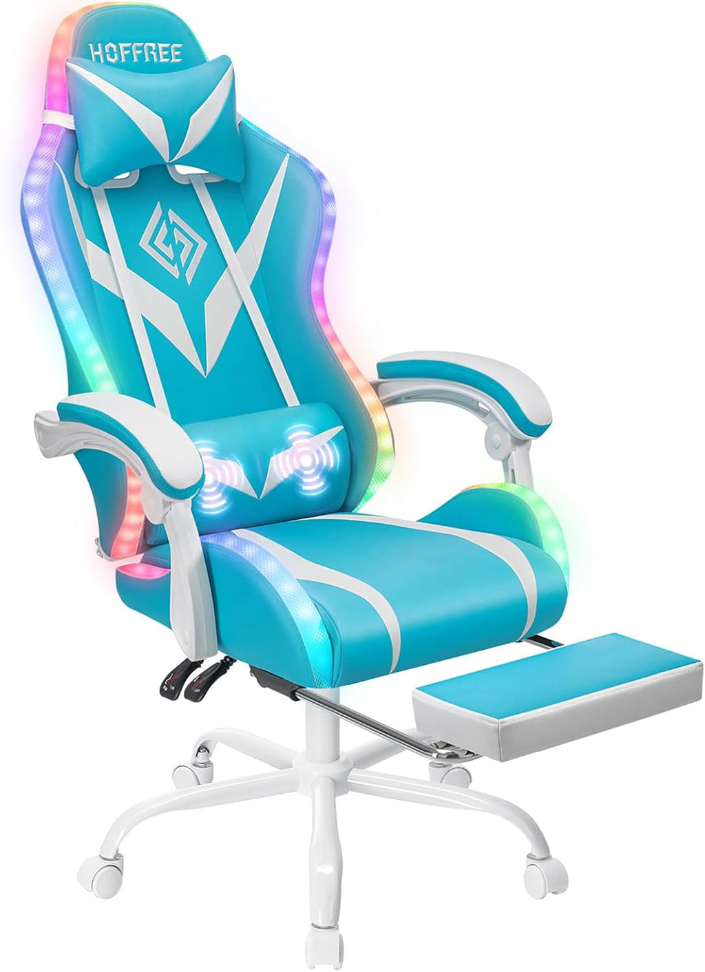 RGB Gaming Chair with LED Lights and Massage Ergonomic Computer Chair Cute with Footrest High Back Video Game Chair with Adjustable Lumbar Support Linkage Armrest Light Blue and White