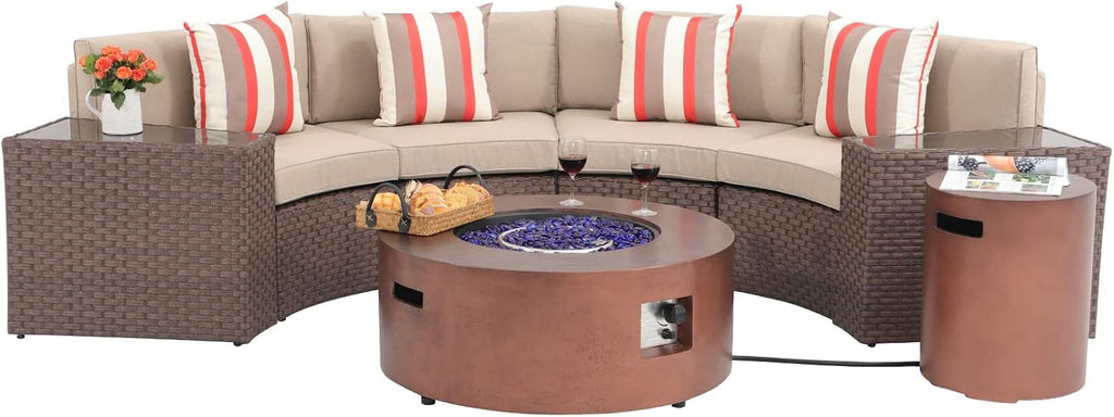 SUNSITT 8 Piece Patio Furniture Set with Propane Fire Pit Halfmoon Outdoor Round Sectional Sofa with 36' Bronze Gas Fire Table & Tank Holder, Brown Rattan