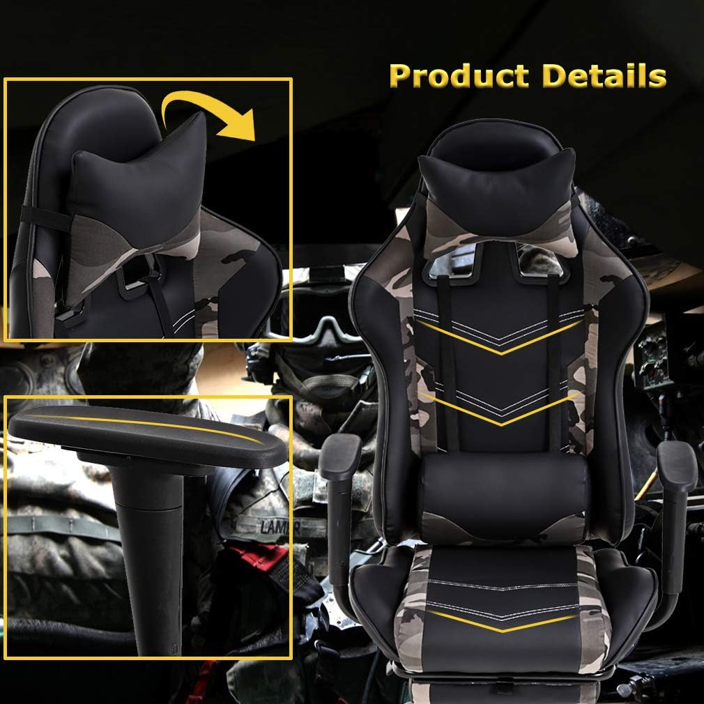 Gaming Chair Racing Office Chair Ergonomic Desk Chair Massage PU Leather Recliner PC Computer Chair with Lumbar Support Headrest Armrest Footrest Rolling Swivel Task Chair for Women Adults, Camo