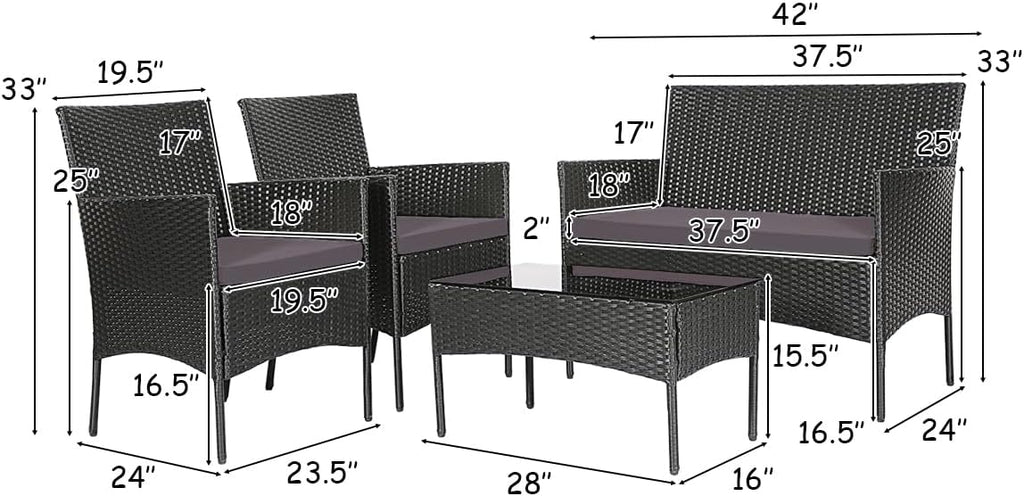 Tangkula 4 Pieces Patio Rattan Conversation Set, Outdoor Wicker Furniture Set with Tempered Glass Coffee Table &Thick Cushion, Rattan Chair Wicker Set for Garden, Lawn, Poolside and Backyard