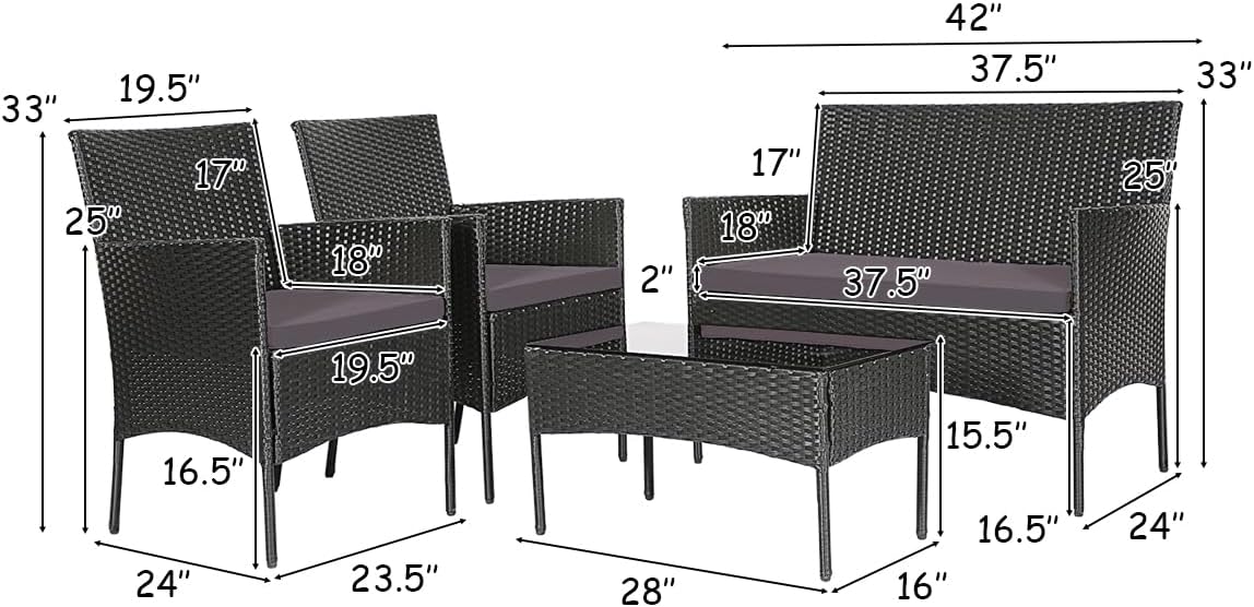 Tangkula 4 Pieces Patio Rattan Conversation Set, Outdoor Wicker Furniture Set with Tempered Glass Coffee Table &Thick Cushion, Rattan Chair Wicker Set for Garden, Lawn, Poolside and Backyard