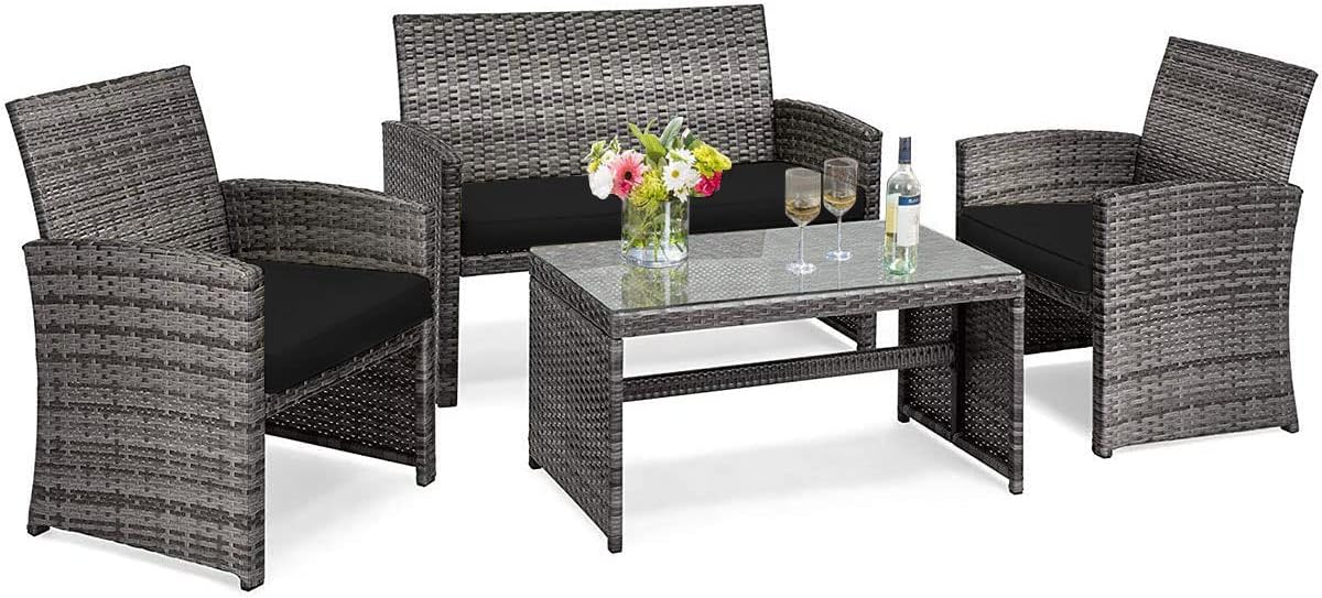 COSTWAY Patio Furniture Set 4 Pieces, Outdoor Wicker Chairs Sofa w/Coffee Table and Soft Cushions, Rattan Conversation Sets for Patio Lawn Backyard Yard Pool Garden, Black