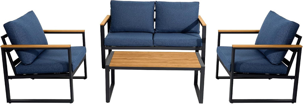 Patio Furniture Set, 4 Pieces Outdoor Patio Furniture with Coffee Table Set, Metal Patio Conversation Sets with Washable and High-Resiliency Sponge Cushions, Upgrade Blue