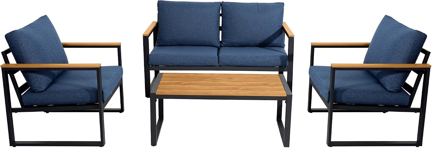 Patio Furniture Set, 4 Pieces Outdoor Patio Furniture with Coffee Table Set, Metal Patio Conversation Sets with Washable and High-Resiliency Sponge Cushions, Upgrade Blue
