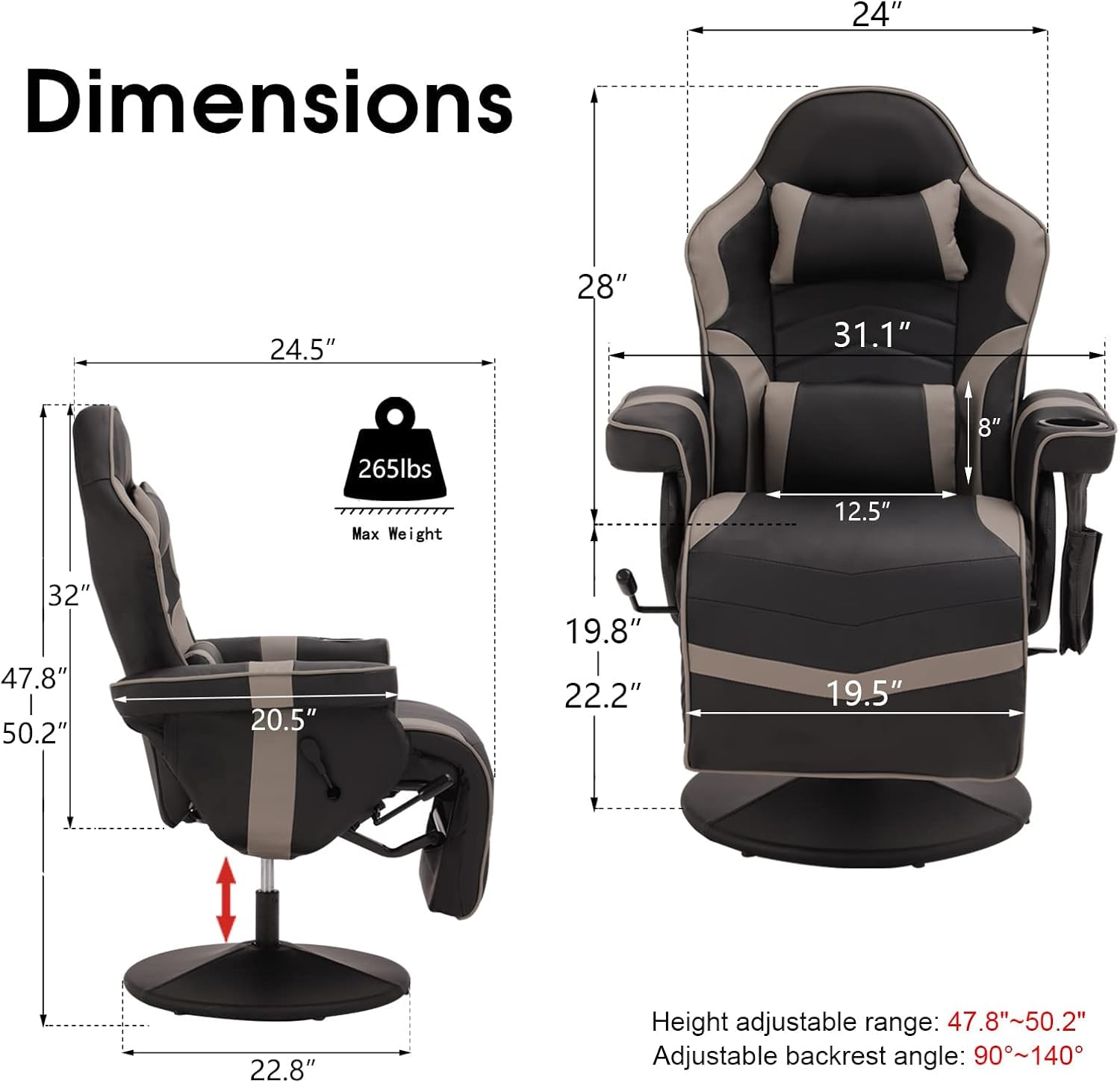 LVUYOYO Reclining Gaming Chair, Gaming Chair with Footrest and Massage, High Back PU Leather Gaming Recliner w/Adjustable Height, Swivel Game Chair with Lumbar Support, Cup Holder, Headrest