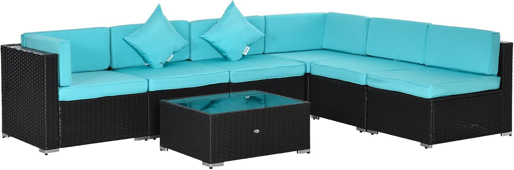 Outsunny 7-Piece Patio Furniture Sets Outdoor Wicker Conversation Sets All Weather PE Rattan Sectional Sofa Set with Cushions & Tempered Glass Desktop, Turquoise