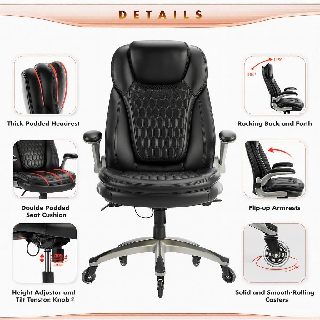 COLAMY High Back Executive Office Chairs,Ergonomic PU Leather Desk Chairs with Flip-Up Armrests, Adjustable Height, Lumbar Support,Comfortable Computer Chairs for Home Office,Set of 2