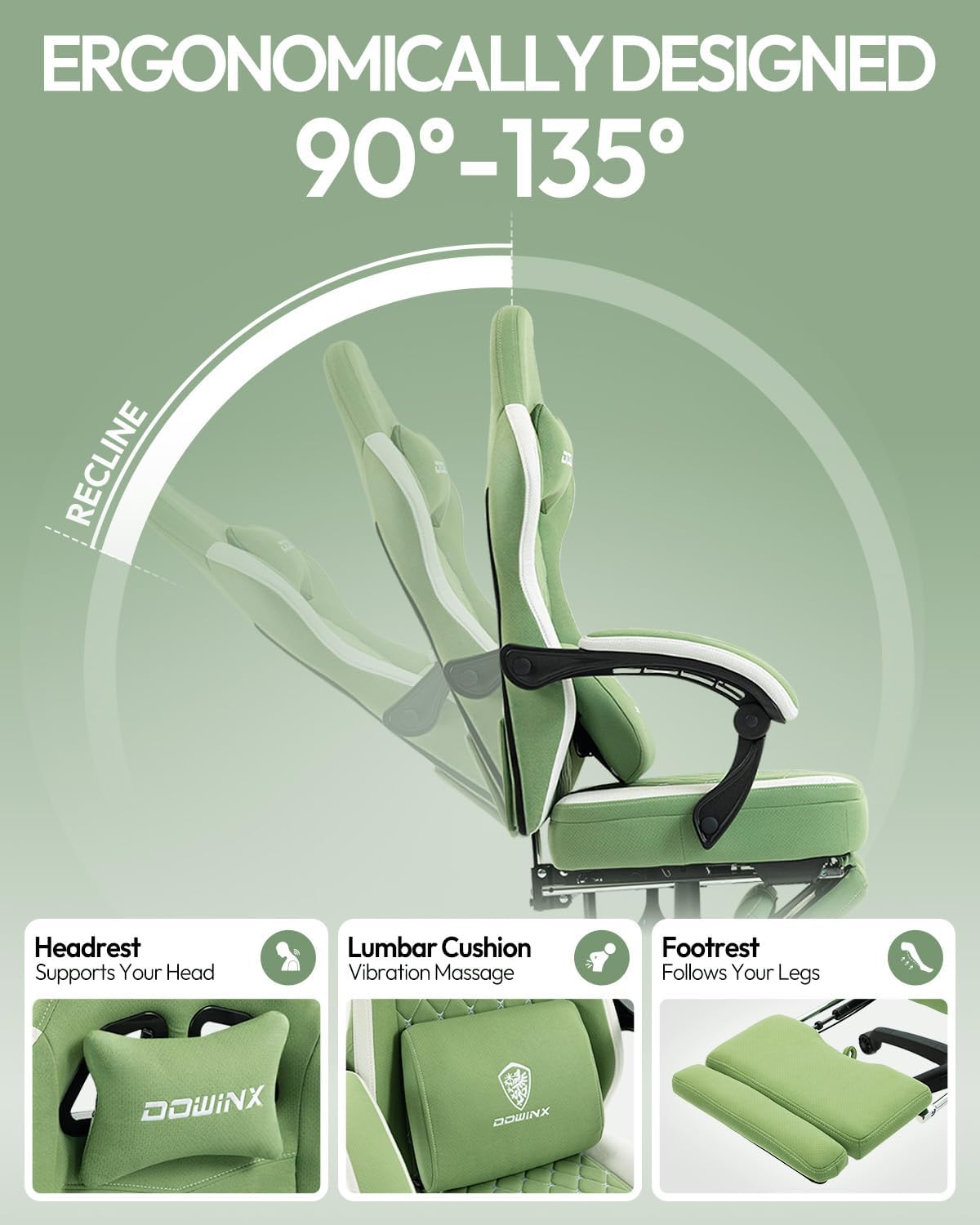Dowinx Gaming Chair Breathable Fabric Game Chair with Gel Pad and Storage Bag, Comfortable Gamer Chair with Pocket Spring Cushion,Ergonomic Computer Chair with Footrest,Green and White