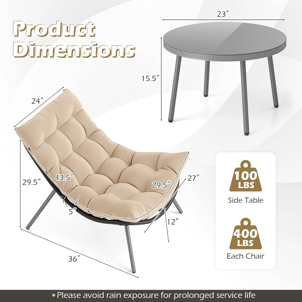 Tangkula 3 Pieces Patio Furniture Set, Outdoor Rattan Wicker Bistro Conversation Set with Cushioned Papasan Chairs and Tempered Glass Coffee Table for Porch, Balcony, Deck and Garden