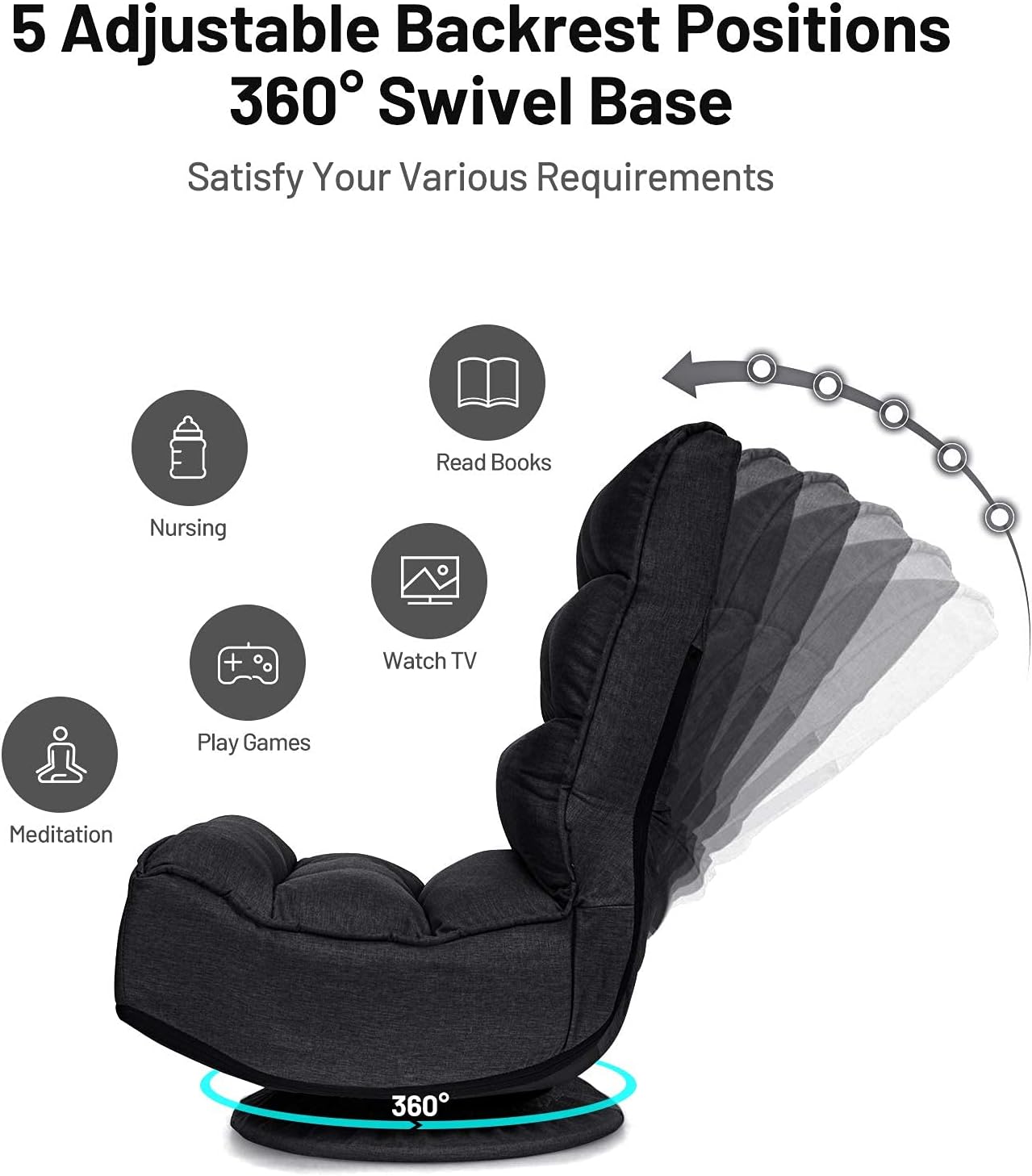 Giantex 360 Degree Swivel Gaming Chair, 6 Position Adjustable Folding Floor Chair, 300lb Spring Support, Comfortable Padded Backrest, Lazy Sofa Chair Game Rocker for Teens Adults (Black)