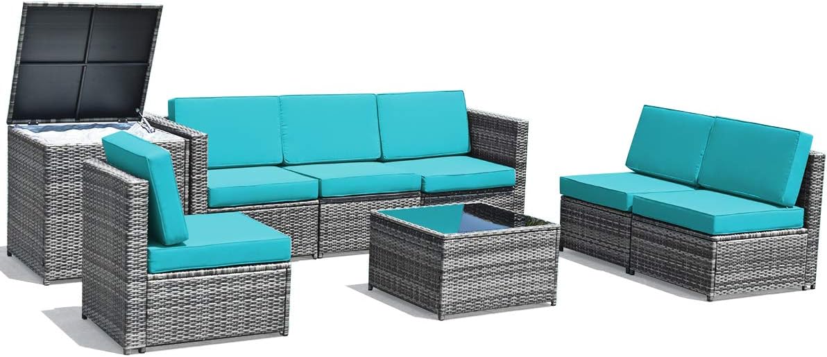 Tangkula 8 Pieces Wicker Patio Furniture Set with Storage Deck Box, PE Rattan Outdoor Sectional Conversation Set with Coffee Table & Cushions, Outside Furniture for Garden Yard Poolside (Turquoise)