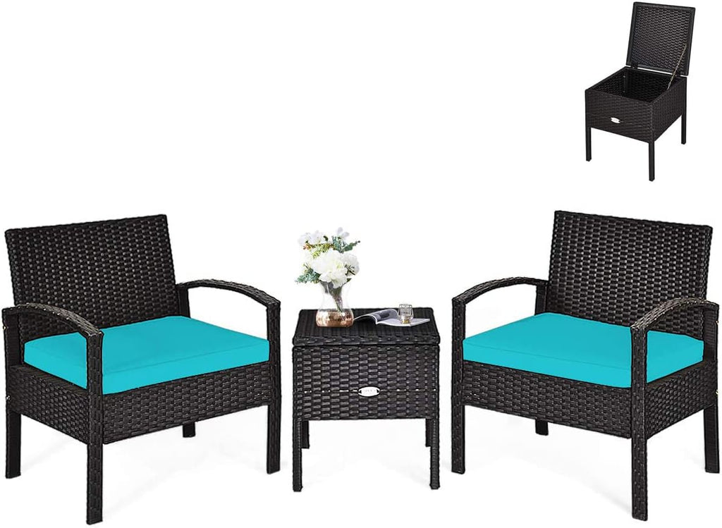 HAPPYGRILL 3 Piece Patio Furniture Set Rattan Wicker Sofa Set with Removable Cushions and Coffee Table, Outdoor Conversation Bistro Chairs Set with Storage Table for Garden Poolside Balcony