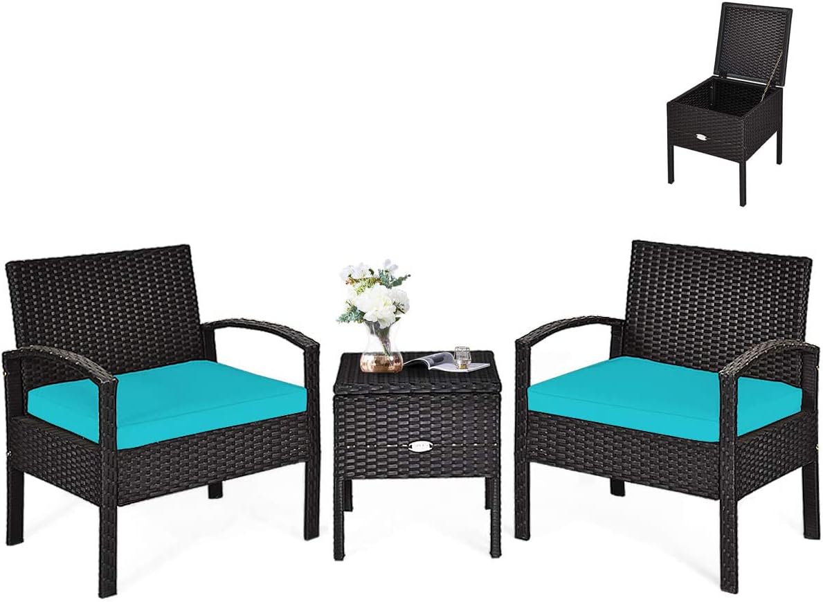HAPPYGRILL 3 Piece Patio Furniture Set Rattan Wicker Sofa Set with Removable Cushions and Coffee Table, Outdoor Conversation Bistro Chairs Set with Storage Table for Garden Poolside Balcony