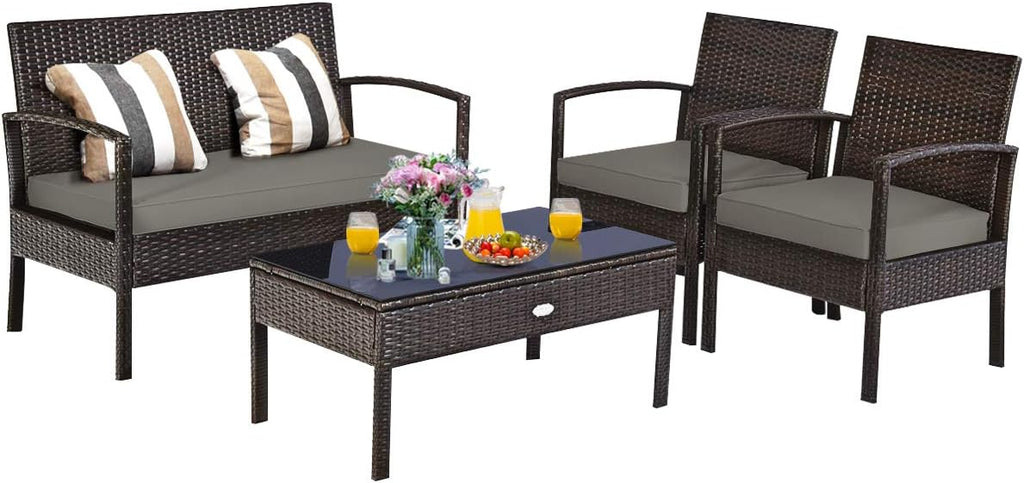 Tangkula 4-PCS Wicker Patio Conversation Furniture Set, Outdoor Rattan Chair and Table Set, Patio Furniture Sets with Coffee Table & Washable Cushions for Courtyard Balcony Garden (1, Brown)