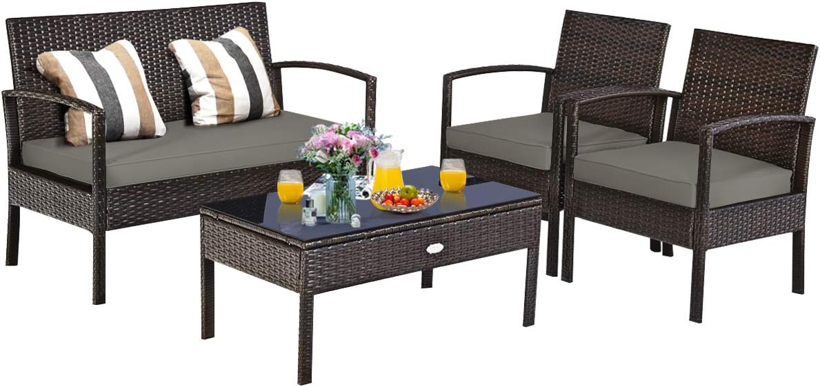 Tangkula 4-PCS Wicker Patio Conversation Furniture Set, Outdoor Rattan Chair and Table Set, Patio Furniture Sets with Coffee Table & Washable Cushions for Courtyard Balcony Garden (1, Brown)