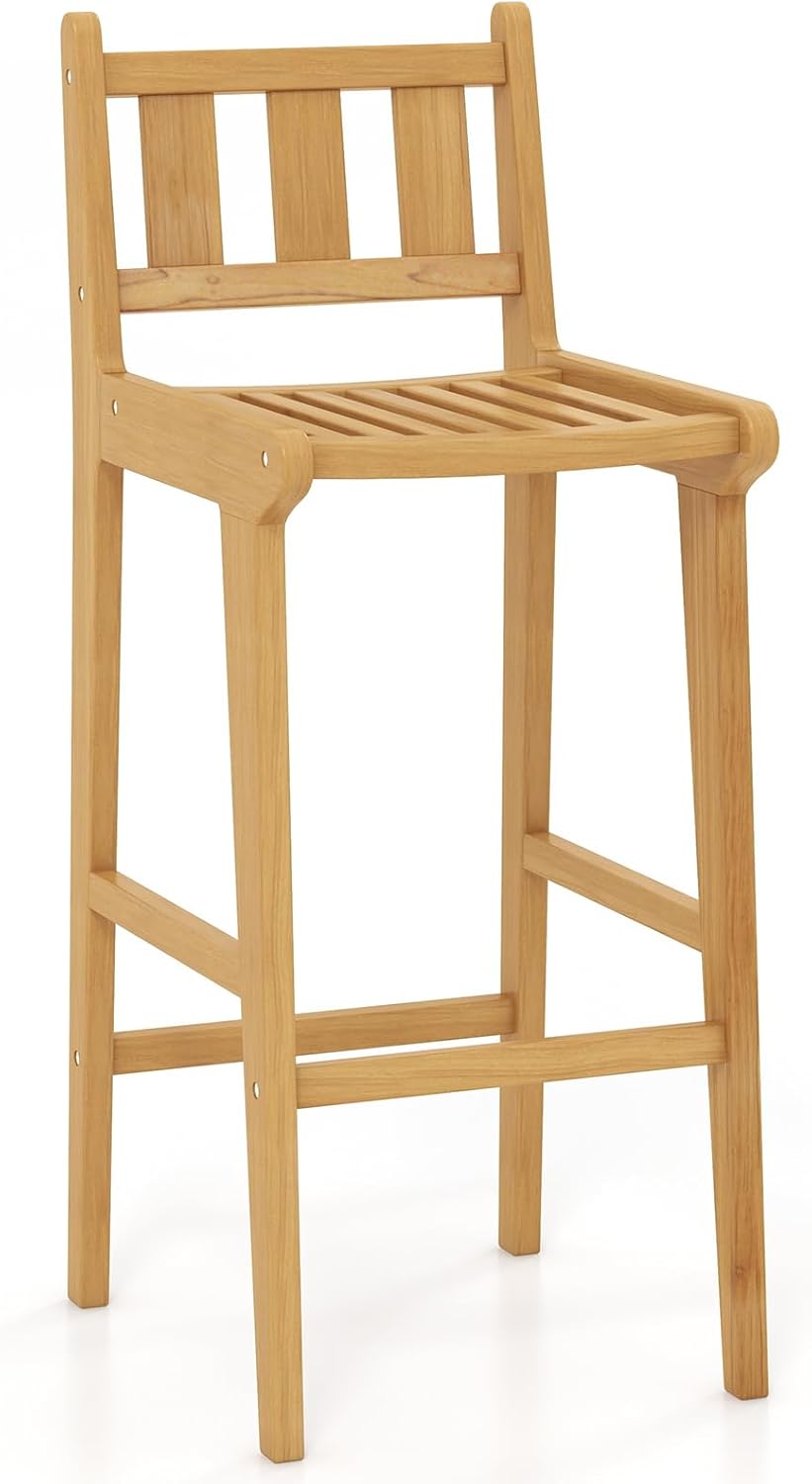 Tangkula Teak Wood Bar Stool, 30' Bar Chair with Footrest & Backrest, Wooden Bar Height Chair, Patio Furniture for Deck, Poolside & Garden, Natural (1)
