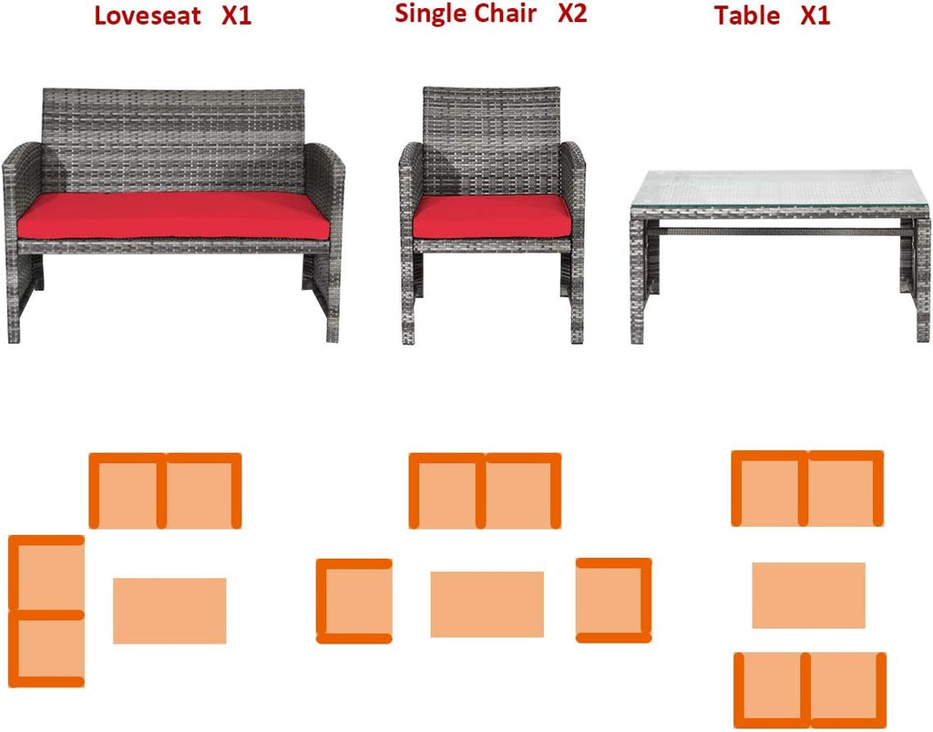 COSTWAY Patio Furniture Set 4 Pieces, Outdoor Wicker Chairs Sofa w/Coffee Table and Soft Cushions, Rattan Conversation Sets for Patio Lawn Backyard Yard Pool Garden, Red