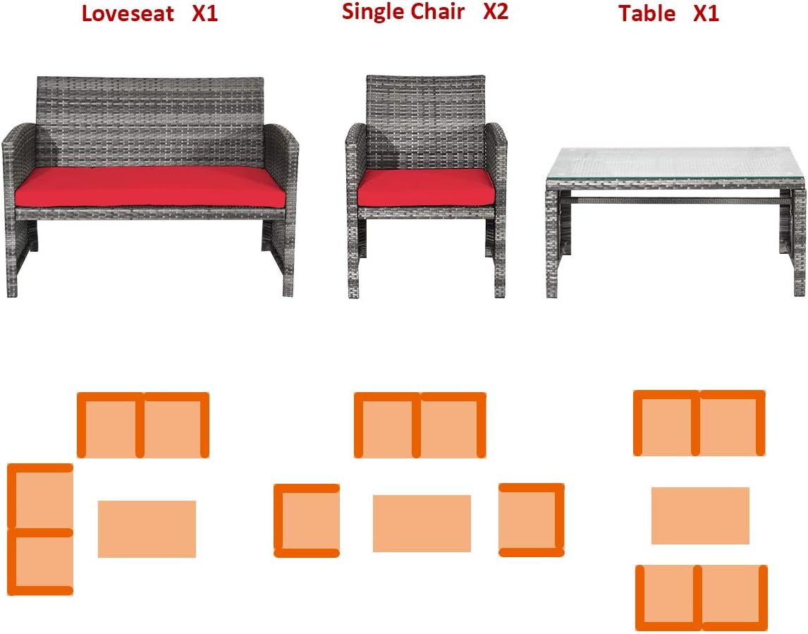COSTWAY Patio Furniture Set 4 Pieces, Outdoor Wicker Chairs Sofa w/Coffee Table and Soft Cushions, Rattan Conversation Sets for Patio Lawn Backyard Yard Pool Garden, Red