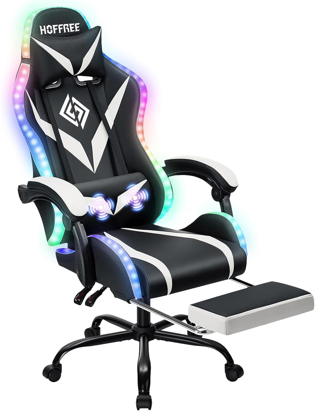 RGB Gaming Chair with Massage and LED Lights Ergonomic Computer Chair with Footrest Reclining High Back Video Game Chair for Adults with Adjustable Lumbar Support White and Black