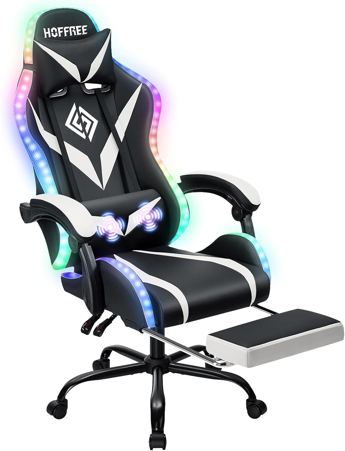 RGB Gaming Chair with Massage and LED Lights Ergonomic Computer Chair with Footrest Reclining High Back Video Game Chair for Adults with Adjustable Lumbar Support White and Black