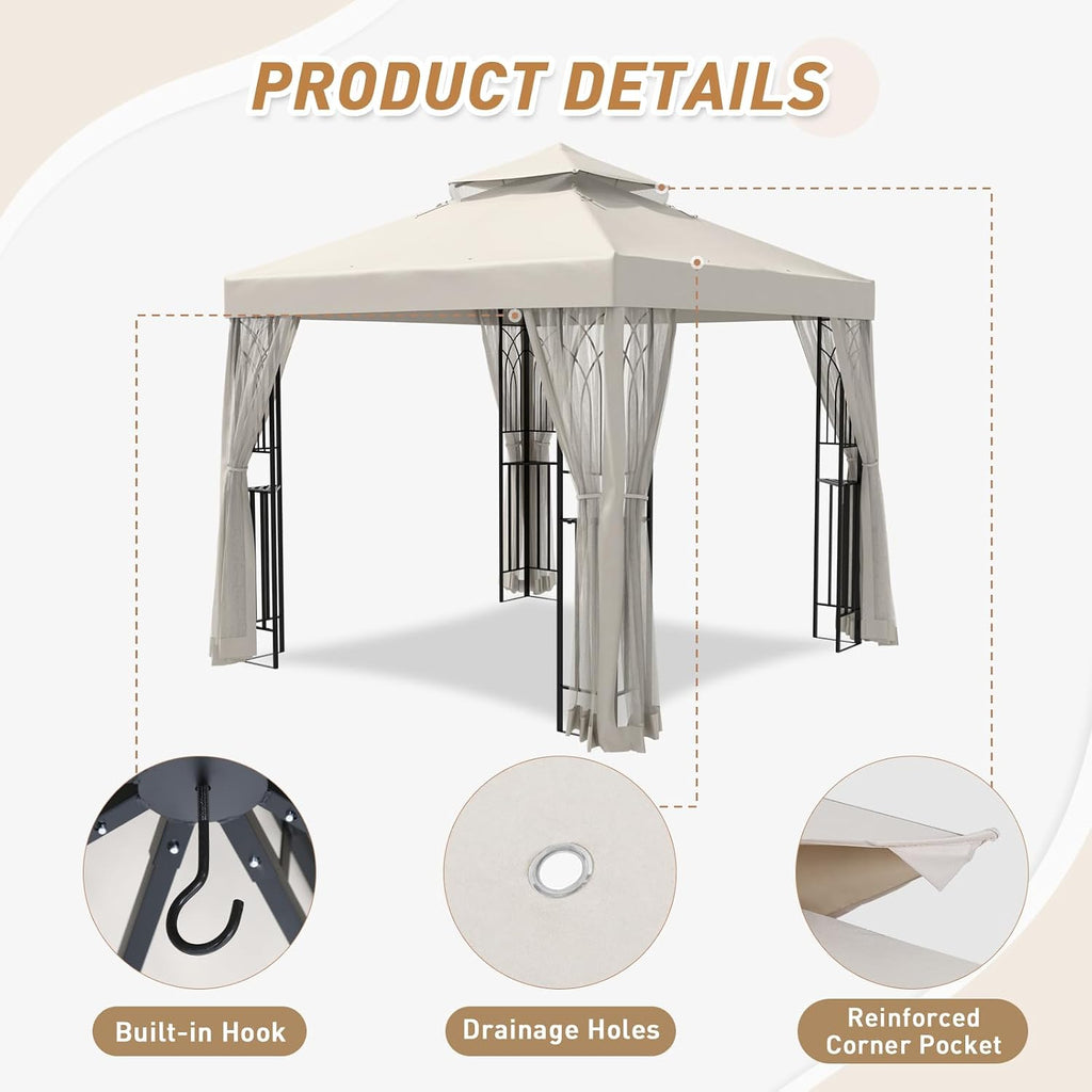 8x8 Outdoor Gazebo Tent with Netting and Corner Shelves, Double Roof Patio Gazebo with Soft Fabric Top, Outdoor Pavilion for Backyard Patio Garden Lawn, Beige